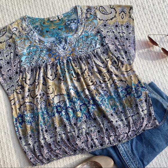 Cato Tops - CATO BUTTERFLY SLEEVES EMBELLISHED V-NECK BLOUSE